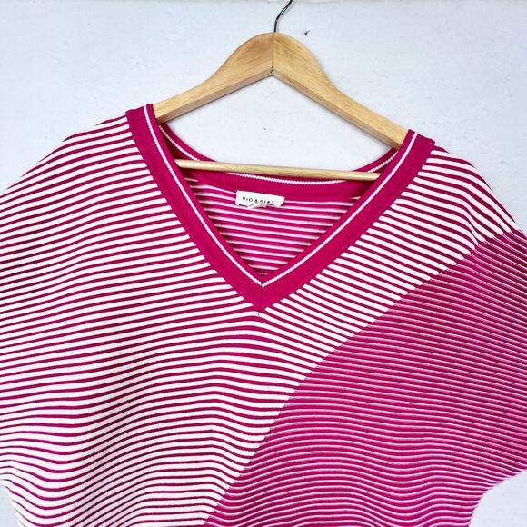 Ribbed Knit Asymmetrical Shoulder V Neck Colorblock 80s Inspired Pink Sweater L - Picture 7 of 10
